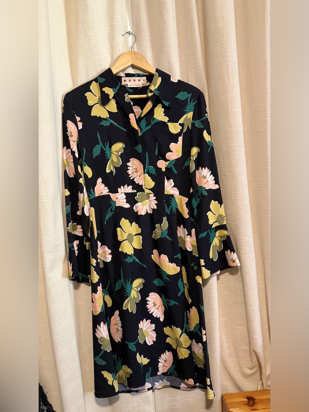 Marni Black Floral Button-Front Long-Sleeve Dress with Pink & Yellow Blooms